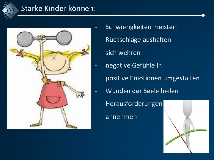 Starke Kinder können: - Schwierigkeiten meistern - Rückschläge aushalten - sich wehren - negative