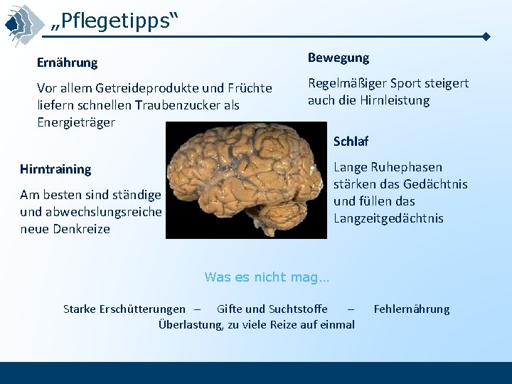 „Pflegetipps“ Ernährung Bewegung Vor allem Getreideprodukte und Früchte liefern schnellen Traubenzucker als Energieträger Regelmäßiger