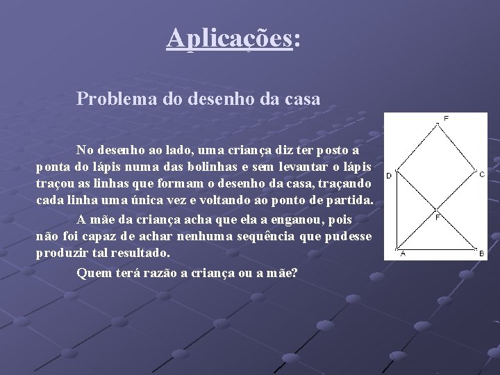 Aplicações: Problema do desenho da casa No desenho ao lado, uma criança diz ter