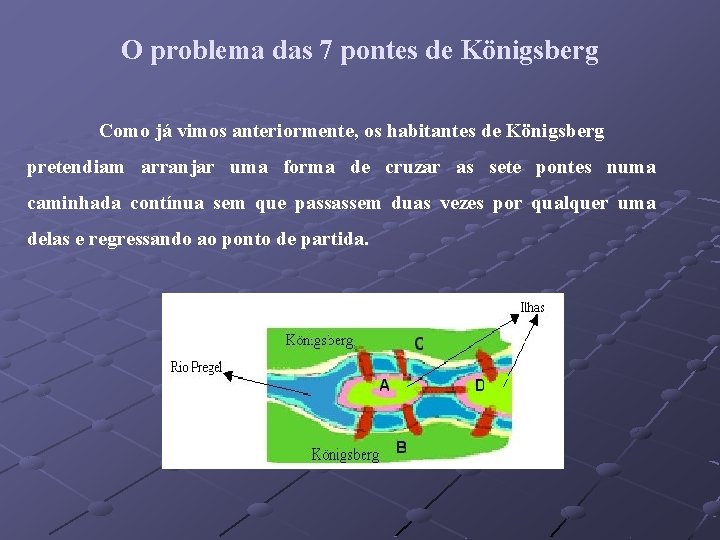 O problema das 7 pontes de Königsberg Como já vimos anteriormente, os habitantes de