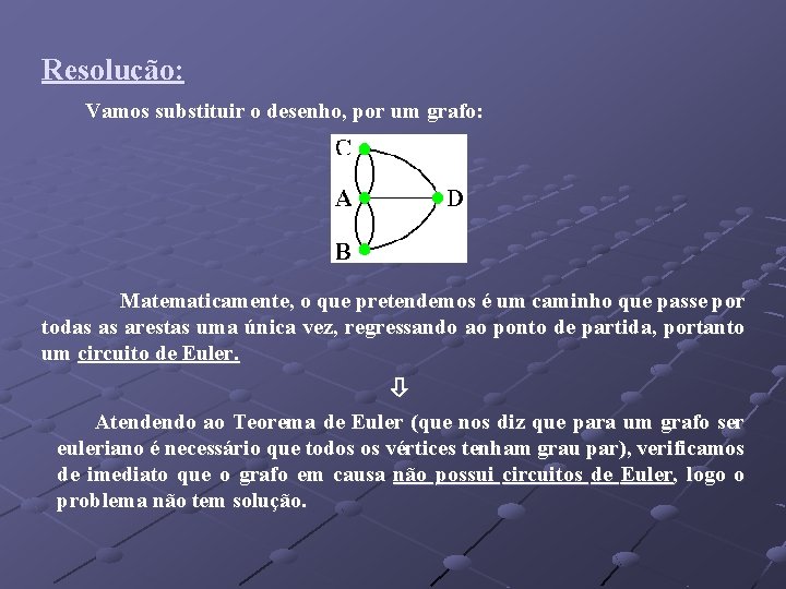 Resolução: Vamos substituir o desenho, por um grafo: Matematicamente, o que pretendemos é um