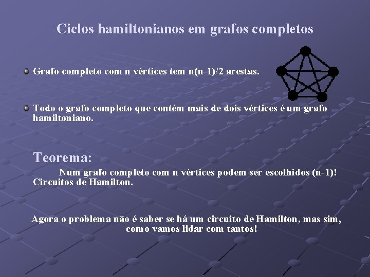Ciclos hamiltonianos em grafos completos Grafo completo com n vértices tem n(n-1)/2 arestas. Todo