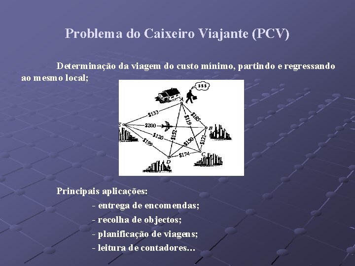 Problema do Caixeiro Viajante (PCV) Determinação da viagem do custo mínimo, partindo e regressando