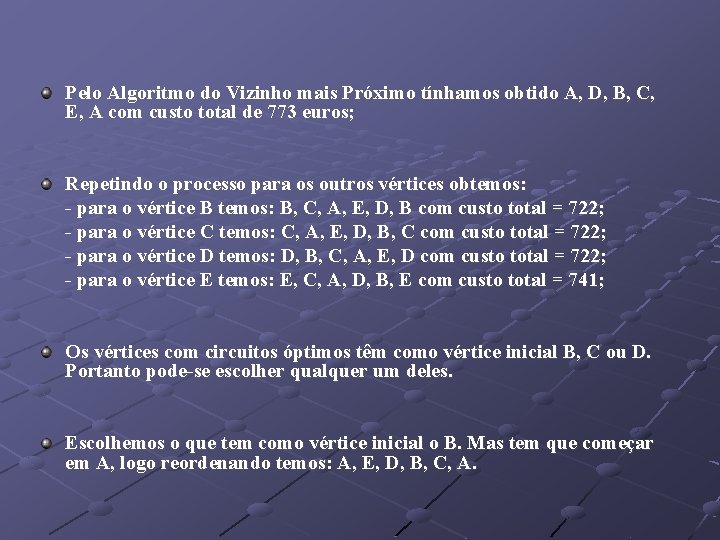 Pelo Algoritmo do Vizinho mais Próximo tínhamos obtido A, D, B, C, E, A