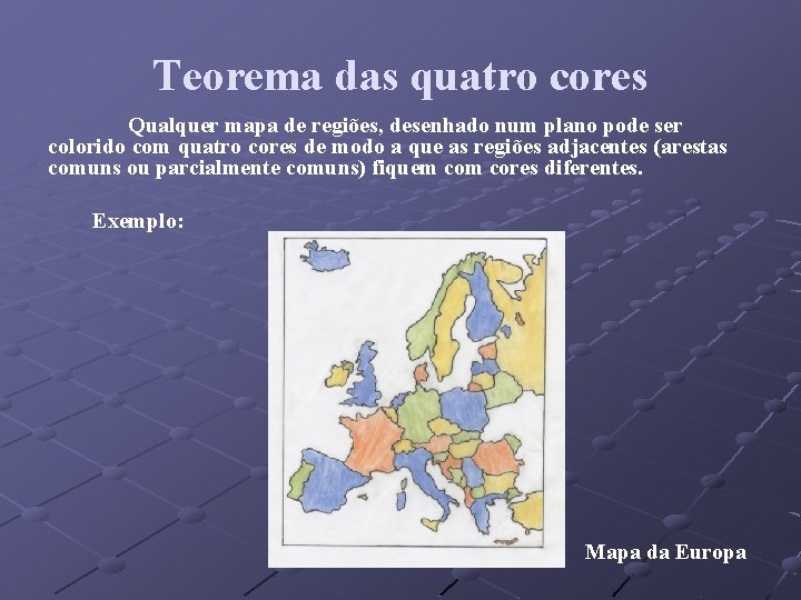 Teorema das quatro cores Qualquer mapa de regiões, desenhado num plano pode ser colorido