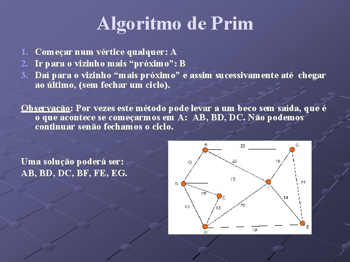 Algoritmo de Prim 1. Começar num vértice qualquer: A 2. Ir para o vizinho