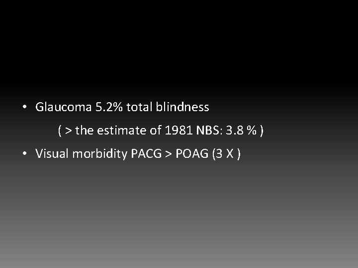  • Glaucoma 5. 2% total blindness ( > the estimate of 1981 NBS: