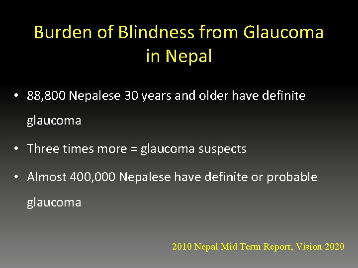 Burden of Blindness from Glaucoma in Nepal • 88, 800 Nepalese 30 years and