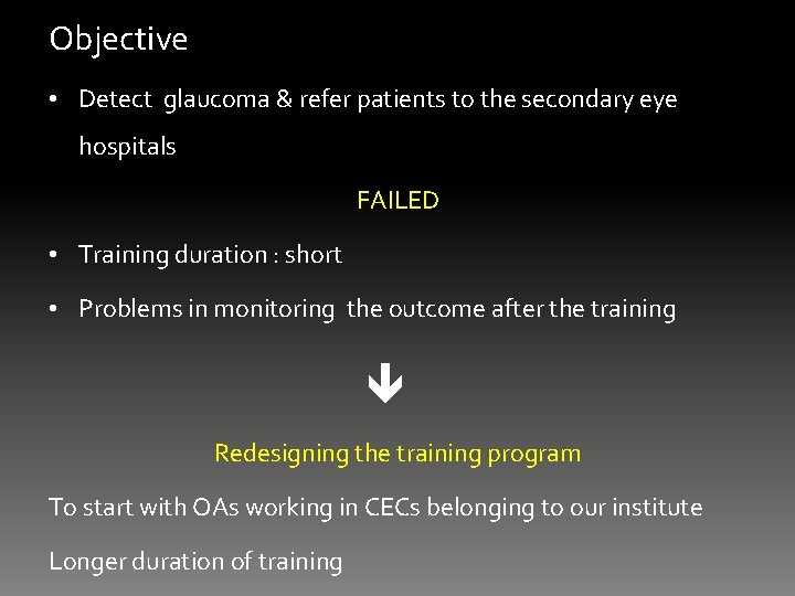 Objective • Detect glaucoma & refer patients to the secondary eye hospitals FAILED •