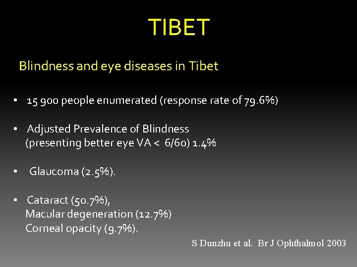 TIBET Blindness and eye diseases in Tibet • 15 900 people enumerated (response rate