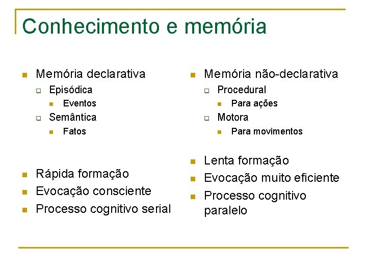 Conhecimento e memória n Memória declarativa q Episódica n q Eventos q Fatos n