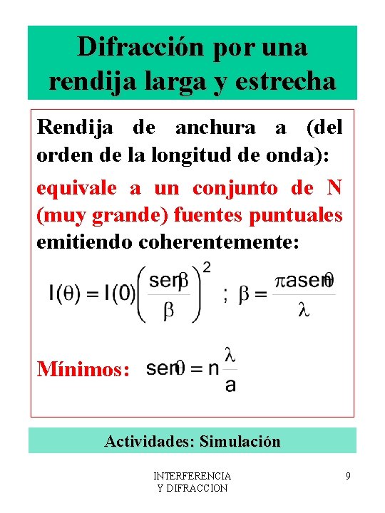 Difracción por una rendija larga y estrecha Rendija de anchura a (del orden de