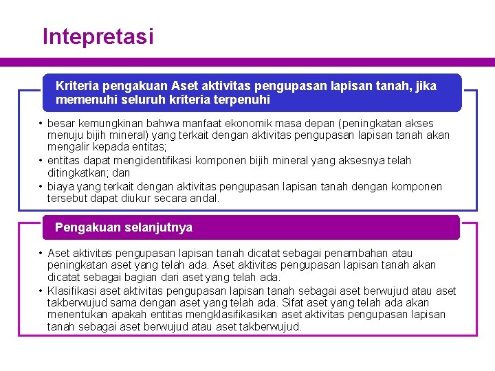 Intepretasi Kriteria pengakuan Aset aktivitas pengupasan lapisan tanah, jika memenuhi seluruh kriteria terpenuhi •