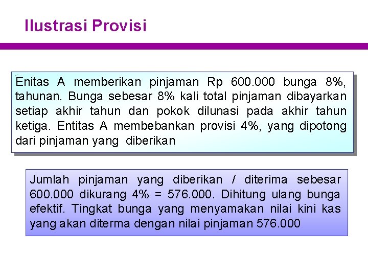 Ilustrasi Provisi Enitas A memberikan pinjaman Rp 600. 000 bunga 8%, tahunan. Bunga sebesar