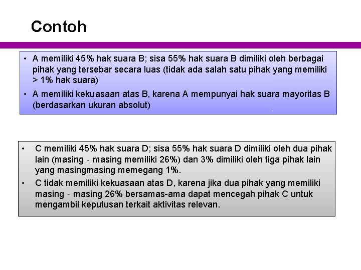 Contoh • A memiliki 45% hak suara B; sisa 55% hak suara B dimiliki