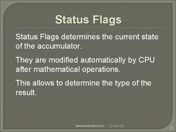 Status Flags determines the current state of the accumulator. They are modified automatically by