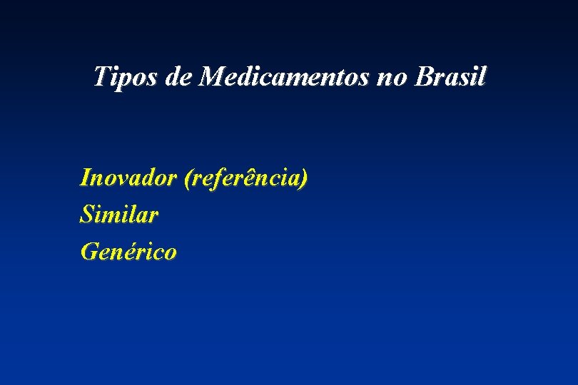 Tipos de Medicamentos no Brasil Inovador (referência) Similar Genérico 