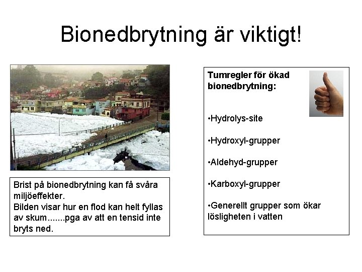 Bionedbrytning är viktigt! Tumregler för ökad bionedbrytning: • Hydrolys-site • Hydroxyl-grupper • Aldehyd-grupper Brist
