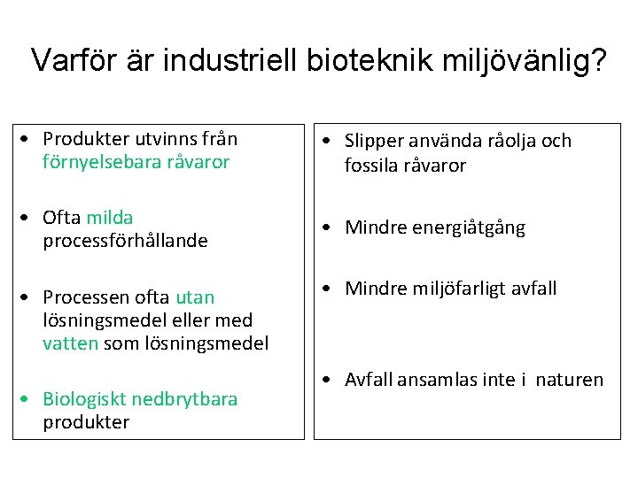 Varför är industriell bioteknik miljövänlig? • Produkter utvinns från förnyelsebara råvaror • Slipper använda