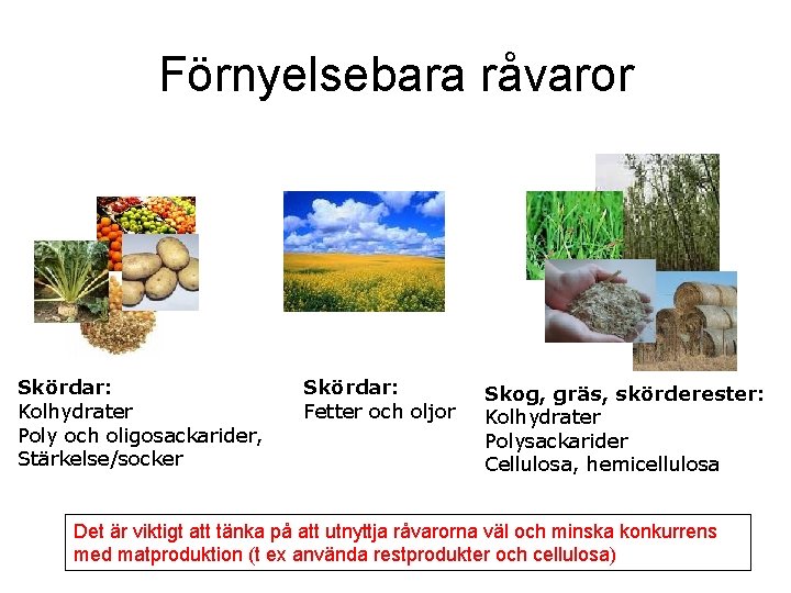 Förnyelsebara råvaror Skördar: Kolhydrater Poly och oligosackarider, Stärkelse/socker Skördar: Fetter och oljor Skog, gräs,