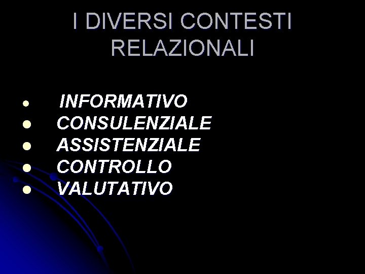 I DIVERSI CONTESTI RELAZIONALI l l l INFORMATIVO CONSULENZIALE ASSISTENZIALE CONTROLLO VALUTATIVO 