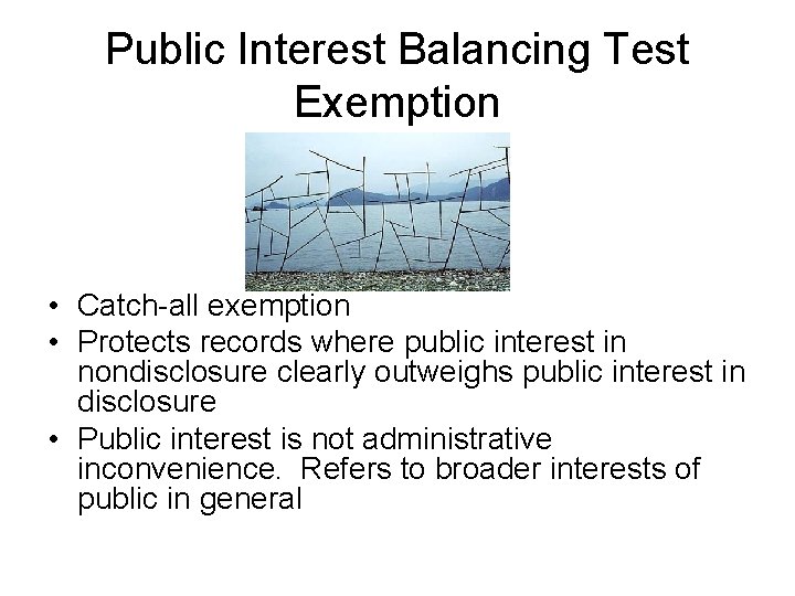 Public Interest Balancing Test Exemption • Catch-all exemption • Protects records where public interest