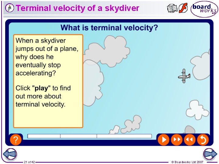 Terminal velocity of a skydiver 21 of 42 © Boardworks Ltd 2007 