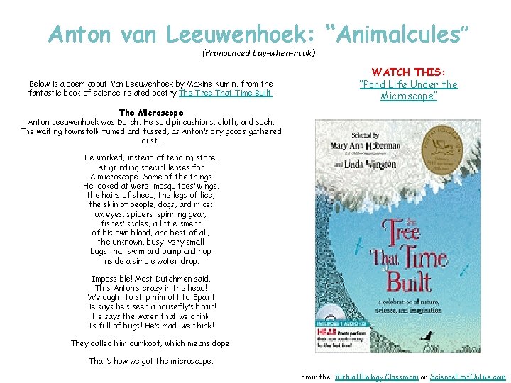 Anton van Leeuwenhoek: “Animalcules” (Pronounced Lay-when-hook) Below is a poem about Van Leeuwenhoek by
