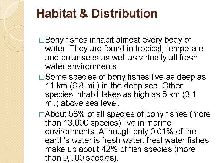 Habitat & Distribution �Bony fishes inhabit almost every body of water. They are found