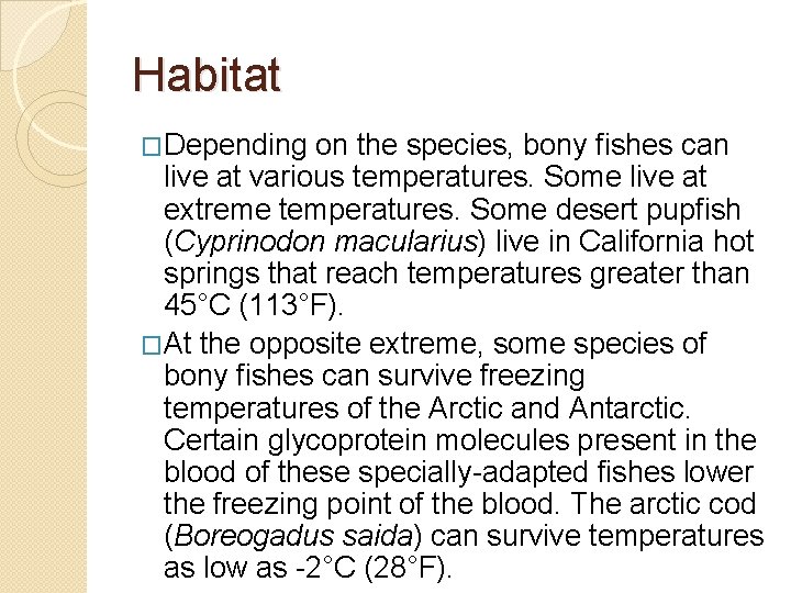 Habitat �Depending on the species, bony fishes can live at various temperatures. Some live