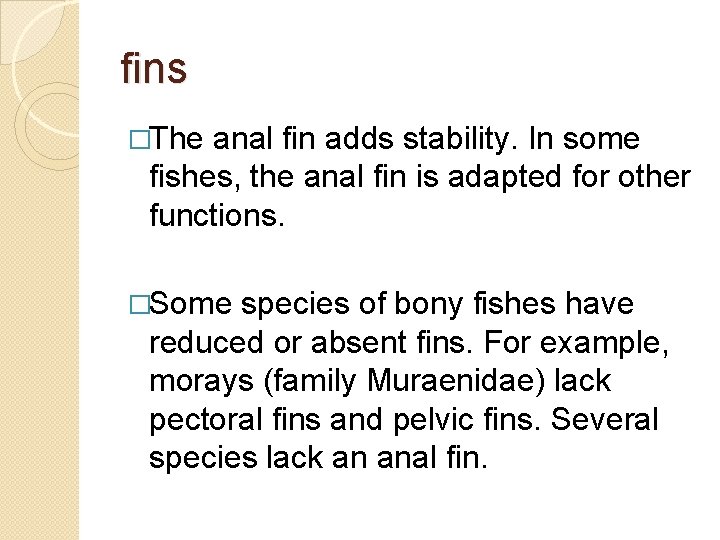 fins �The anal fin adds stability. In some fishes, the anal fin is adapted