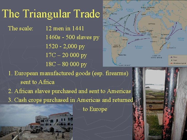 The Triangular Trade The scale: 12 men in 1441 1460 s - 500 slaves