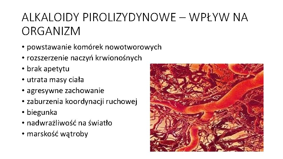 ALKALOIDY PIROLIZYDYNOWE – WPŁYW NA ORGANIZM • powstawanie komórek nowotworowych • rozszerzenie naczyń krwionośnych