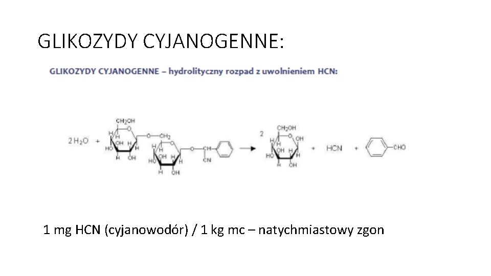 GLIKOZYDY CYJANOGENNE: 1 mg HCN (cyjanowodór) / 1 kg mc – natychmiastowy zgon 