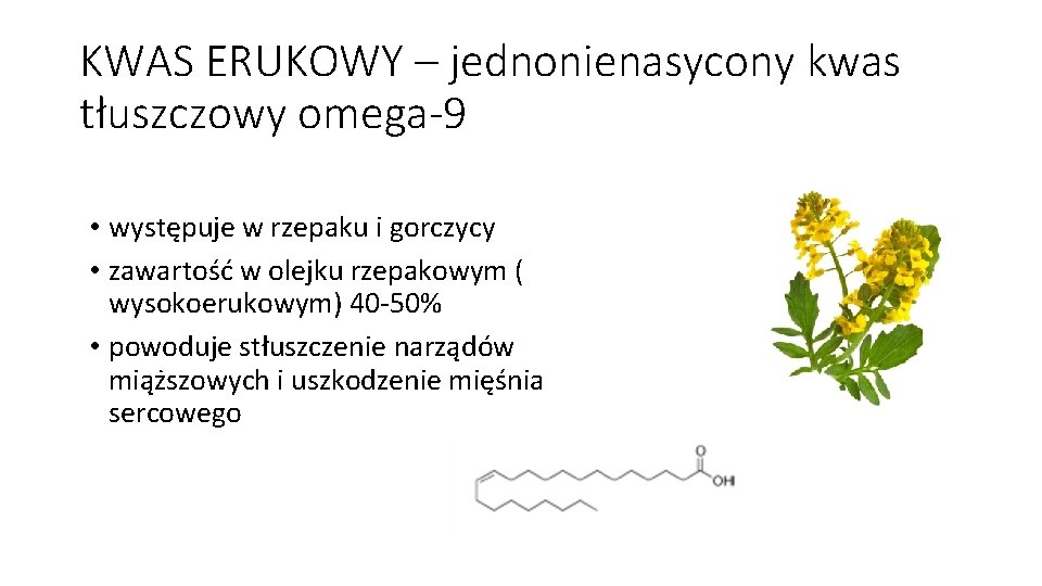 KWAS ERUKOWY – jednonienasycony kwas tłuszczowy omega-9 • występuje w rzepaku i gorczycy •