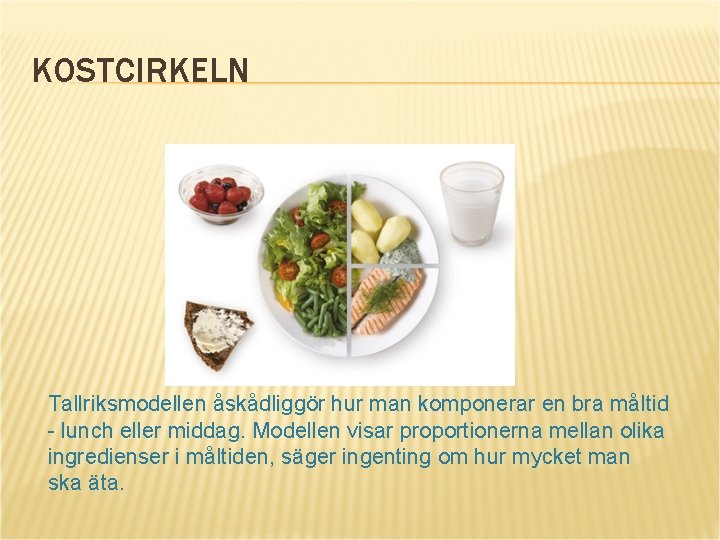 KOSTCIRKELN Tallriksmodellen åskådliggör hur man komponerar en bra måltid - lunch eller middag. Modellen