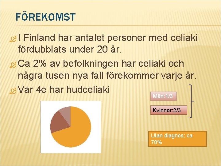 FÖREKOMST I Finland har antalet personer med celiaki fördubblats under 20 år. Ca 2%