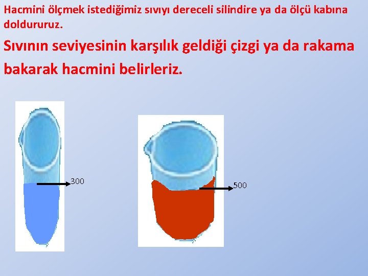 Hacmini ölçmek istediğimiz sıvıyı dereceli silindire ya da ölçü kabına doldururuz. Sıvının seviyesinin karşılık