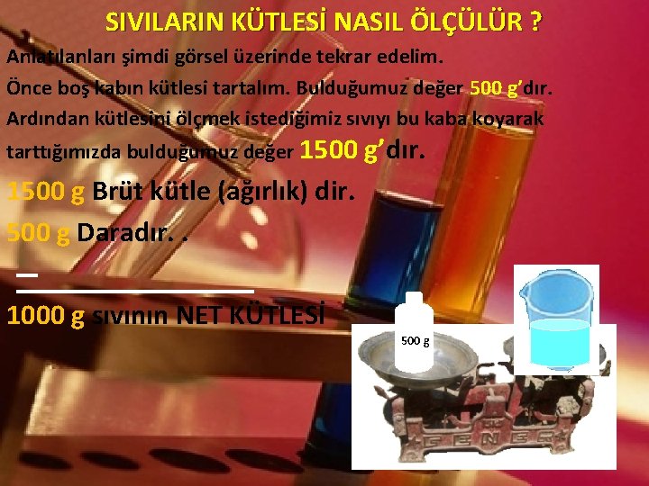 SIVILARIN KÜTLESİ NASIL ÖLÇÜLÜR ? Anlatılanları şimdi görsel üzerinde tekrar edelim. Önce boş kabın