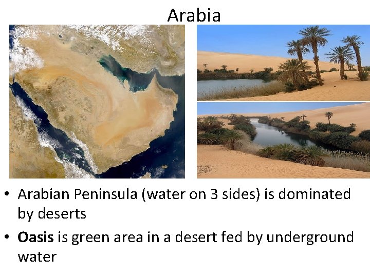 Arabia • Arabian Peninsula (water on 3 sides) is dominated by deserts • Oasis