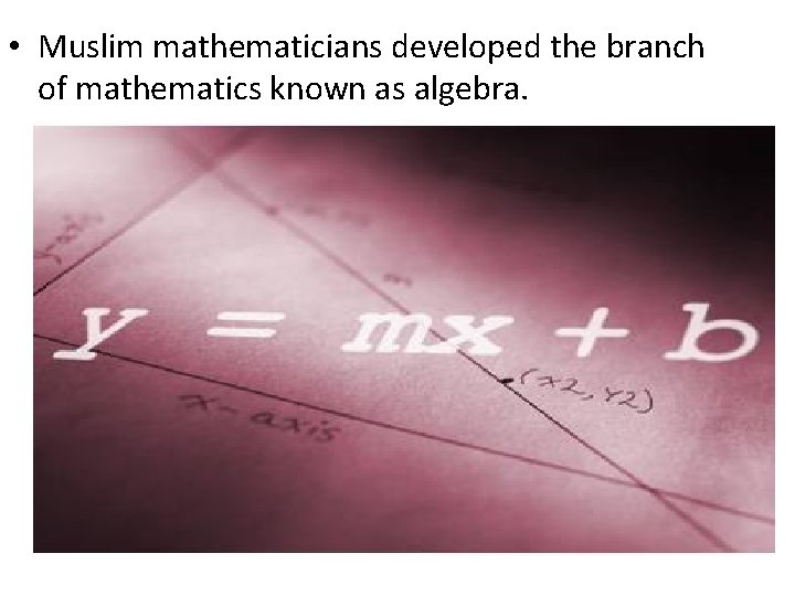  • Muslim mathematicians developed the branch of mathematics known as algebra. 