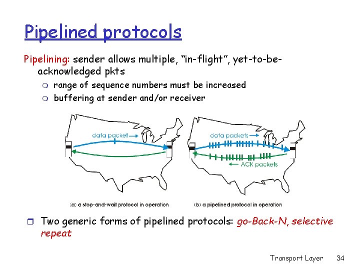 Pipelined protocols Pipelining: sender allows multiple, “in-flight”, yet-to-beacknowledged pkts m m range of sequence
