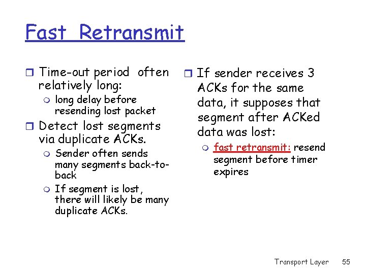 Fast Retransmit r Time-out period often relatively long: m long delay before resending lost