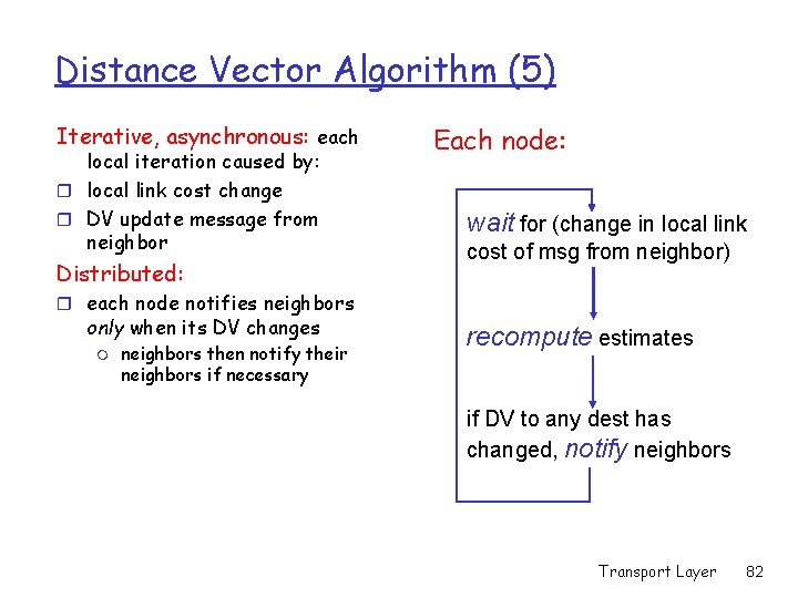 Distance Vector Algorithm (5) Iterative, asynchronous: each local iteration caused by: r local link