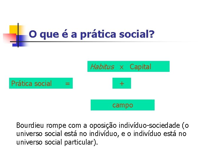 O que é a prática social? Habitus x Capital Prática social = + campo