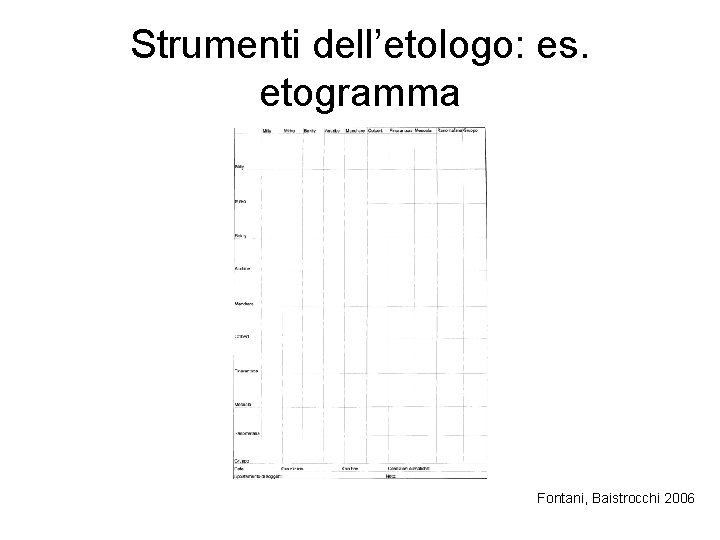 Strumenti dell’etologo: es. etogramma Fontani, Baistrocchi 2006 