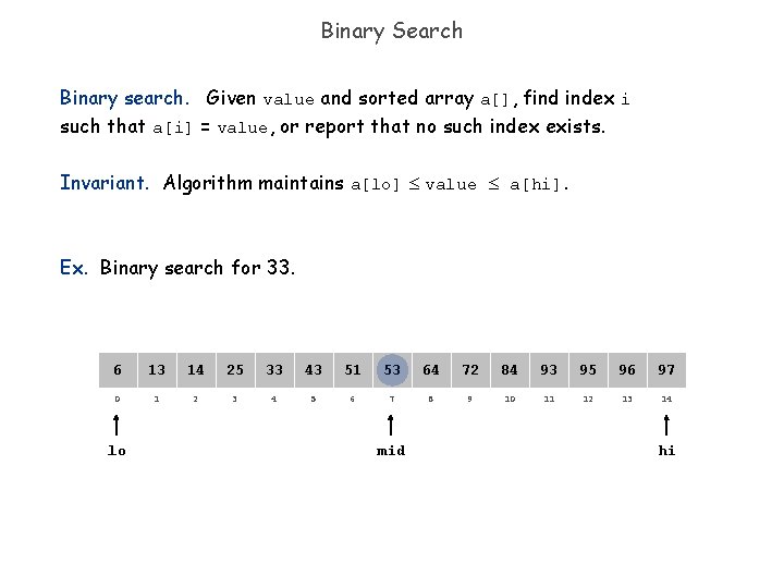 Binary Search Binary search. Given value and sorted array a[], find index i such