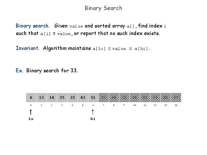 Binary Search Binary search. Given value and sorted array a[], find index i such