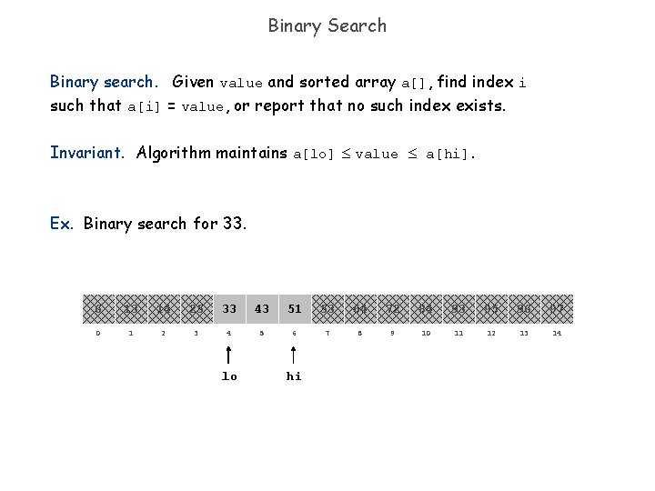 Binary Search Binary search. Given value and sorted array a[], find index i such