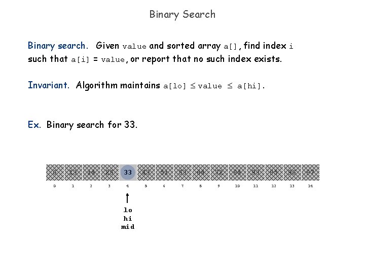 Binary Search Binary search. Given value and sorted array a[], find index i such